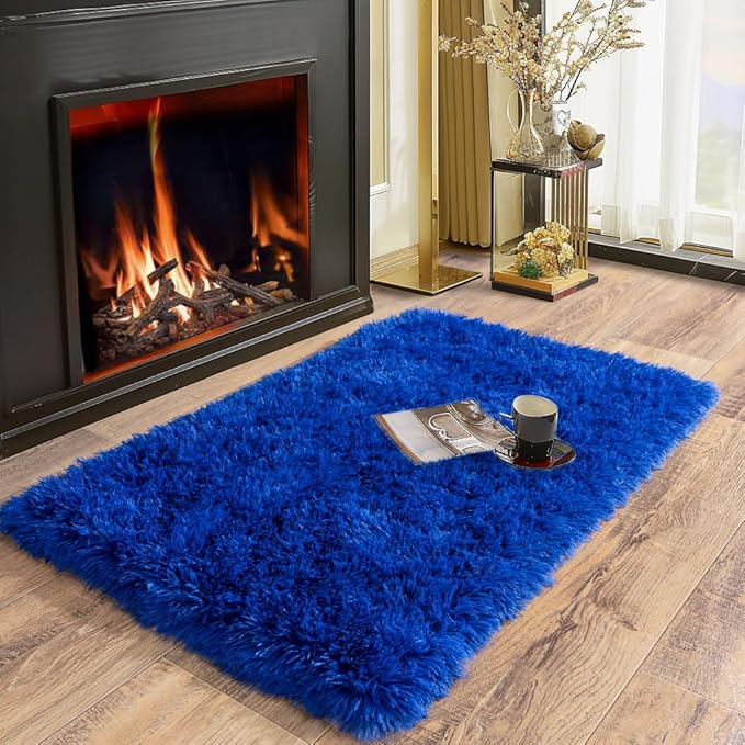 Soft Runner Rugs for Bedroom Hallways, 2x3 Royal Blue Fluffy Shag Throw Area Rug Non Slip for Bedside Dorm, Long Shaggy Furry Carpet for Nursery Living Room