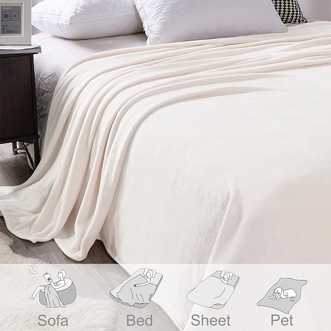 Exclusivo Mezcla Fleece Ivory Throw Blanket for Couch, Sofa, Super Soft and Warm Blankets, All Season, Cozy, Plush, Lightweight, 50x60 Inches