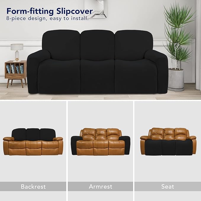 PureFit Super Stretch 3 Seats Recliner Chair Sofa Couch Cover with Pocket – Non Slip Soft Sofa Slipcover, Washable Spandex Reclining Furniture Protector for Kids, Pets (Recliner Sofa, Black)