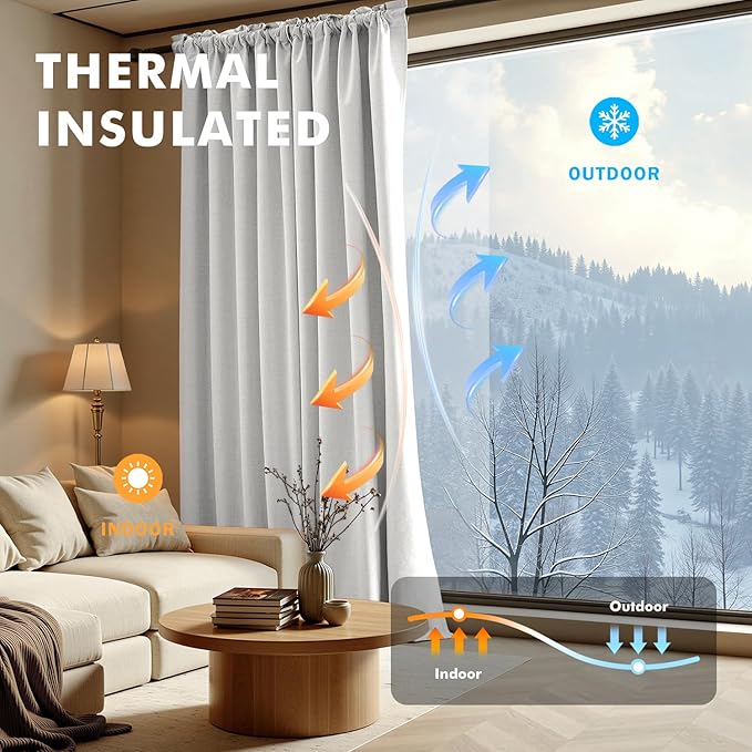 MIULEE 100% Blackout Linen Curtains for Bedroom, Heathered White Solid Luxury Decor Thermal Insulation Room Darkening Drapes for Living Room Nursery Back Tab Rod Pocket 42 x 96 Inches, 2 Panels