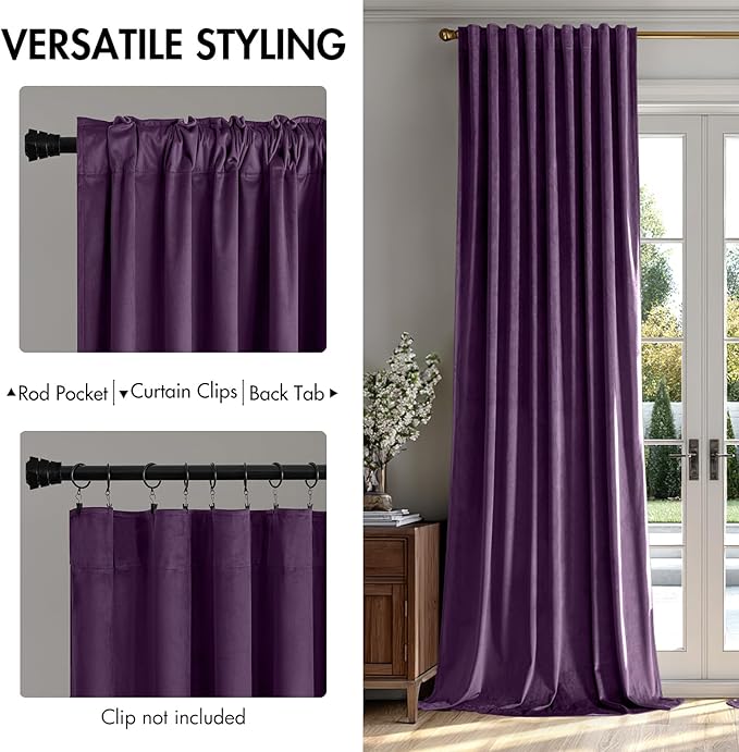 MIULEE Purple Velvet Curtains 90 inches - Luxury Blackout Curtains for Bedroom Living Room Thermal Insulated Super Soft Window Drapes Rod Pocket & Back Tab, W52 x L90 inches, 2 Panels