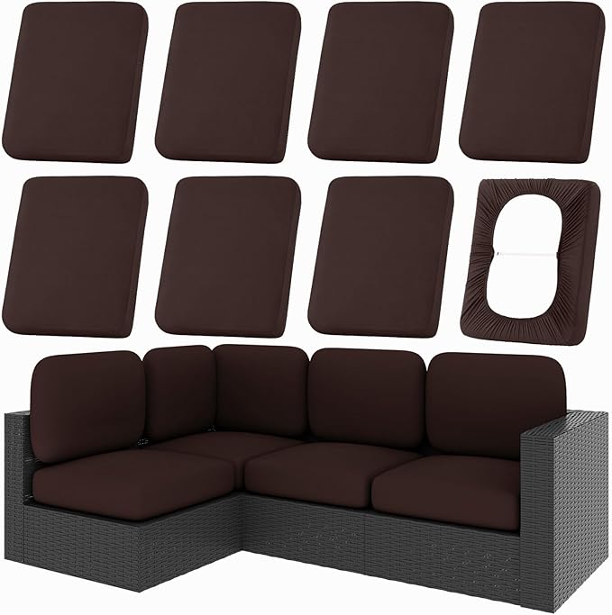 hyha 8Pcs Patio Cushion Covers, Stretch Outdoor Couch Cushion Covers Replacement, Washable Outdoor Chair/Sofa Slipcovers for Patio Furniture Cushions Protector with Elastic Bottom(Coffee,Cover Only)