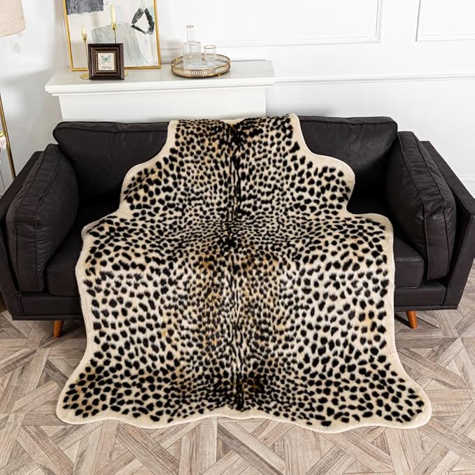 Leopard Area Rug Animals Printed Hide Mats Faux Fur Cowhide Skin Carpet for Home Office, Living Room, Bedroom, 5.2ft x 6.5ft (160 x 200cm)