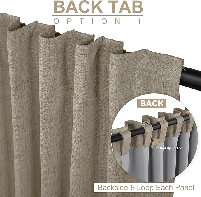 100% Blackout Shield Linen Blackout Curtains for Bedroom 102 Inches Long, Back Tab/Rod Pocket Living Room Drapes, Thermal Insulated Blackout Curtains 2 Panels Set, 50" W x 102" L, Faux Linen