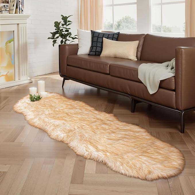 Ciicool Ultra Soft Faux Sheepskin Fur Rug Fluffy Rug for Bedroom Fuzzy Carpet for Living Room Kid's Room Nursery Decor,White Gradient Brown 2 x 6 Feet