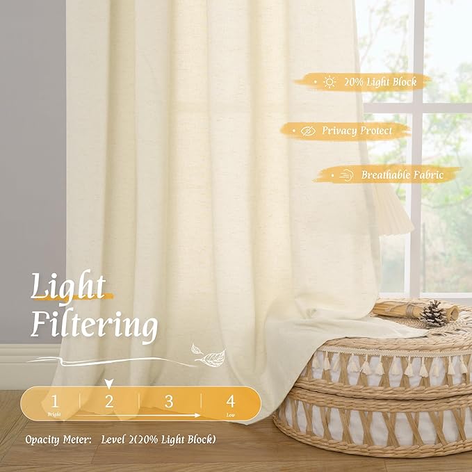 LAMIT Light Beige Linen Curtains 63 inch Length for Bedroom, Soft Semi Sheer Light Filtering Window Treatments Rod Pocket Drapes for Living Room/Small Window, 2 Panels Set, 42 x 63 Inch