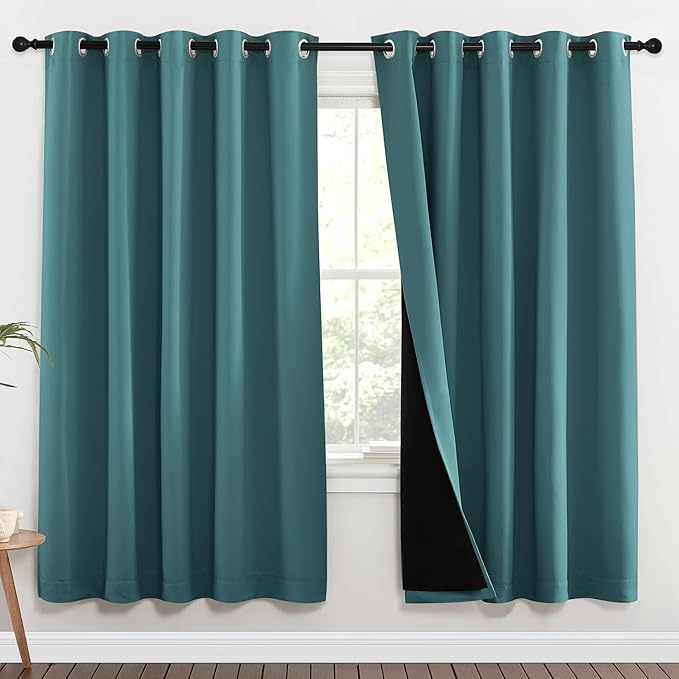 NICETOWN Full Shade Curtain Panels, 62 x 72 inch, Sea Teal, Pair of Energy Smart & Noise Blocking Out Blackout Drapes for Dining Room Window, Thermal Insulated Guest Room Lined Window Dressing
