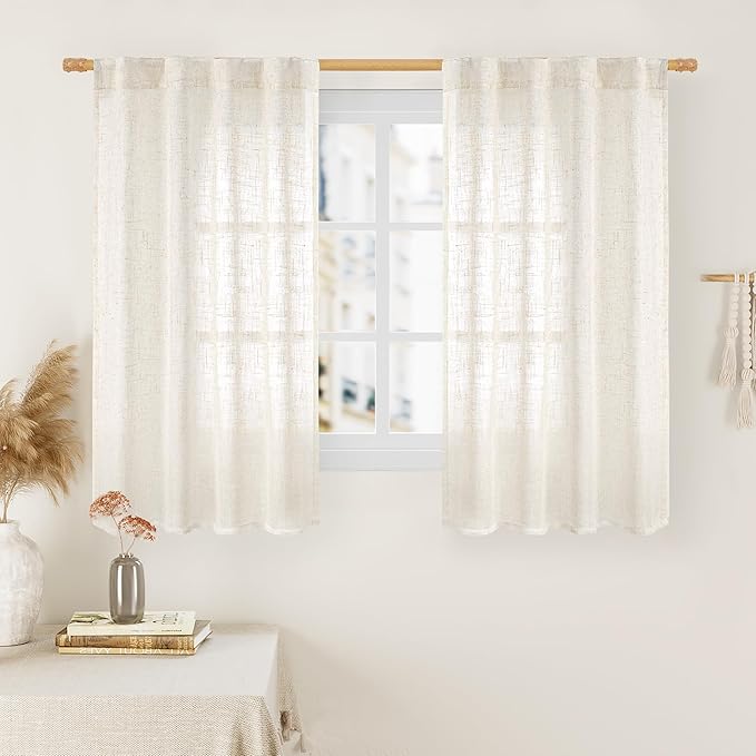 LAMIT 48 Inch Short Window Linen Curtains, Light Filtering Panels Back Tab and Rod Pocket Neutral Drapes for Cafe/Bathroom/Loft Room, Cream Ivory, 2 Panels, 34 x 48 Inch