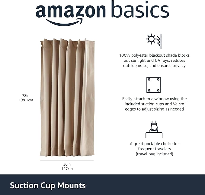 Amazon Basics Portable Blackout Curtain Shade with Suction Cups, Noise Reducing, Energy Saving, 100% Polyester, 50"W x 78"L, Beige, 1-Pack