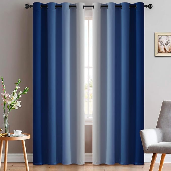 Yakamok Greyish White and Royal Blue Ombre Curtains,Light Blocking Curtains,Room Darkening Grommet Window Drapes for Bedroom(Royal Blue,52x84 Inch,2 Panels)