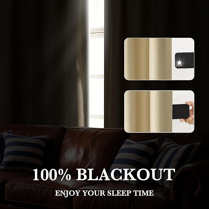 RYB HOME Bedroom Blackout Curtains 72 inches Long, 100% Blackout Thermal Insulated Noise Reducing Curtains for Living Room Nursury, 34 inches Wide by 72 inches Long, Biscotti Beige