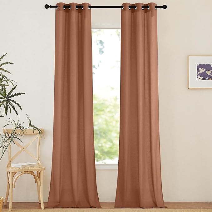 NICETOWN Caramel Linen Curtains for Kitchen, Thick Flax Small Window Treatments Semi Sheer Privacy Assured with Light Through for Cafe/Bathroom, W34 x L96, 2 Panels