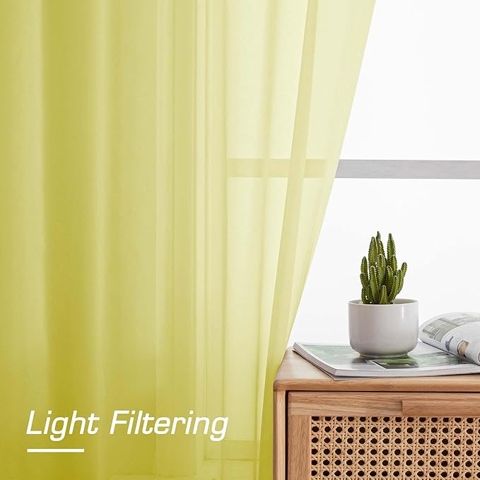 OWENIE Short Lemon Sheer Curtains 36 Inch Length 2 Panels Set, Kitchen Tiers Curtains Light Filter Rod Pocket Voile Cafe Curtain for Basement Bathroom Small Half Window, 42" W x 36" L, Lemon