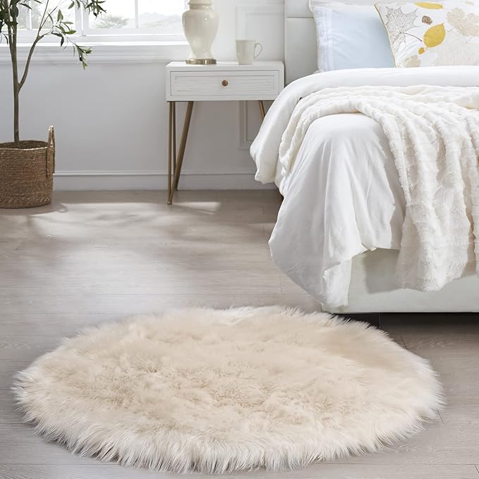 Ciicool Beige Fluffy Round Fur Area Rug for Circle Faux Fur Rugs for Kids Room, Cute Fuzzy Nursery Rug, Shaggy Circular Rugs Floor Carpets for Teens Girls Rooms Home Decor, 4 x 4 Feet