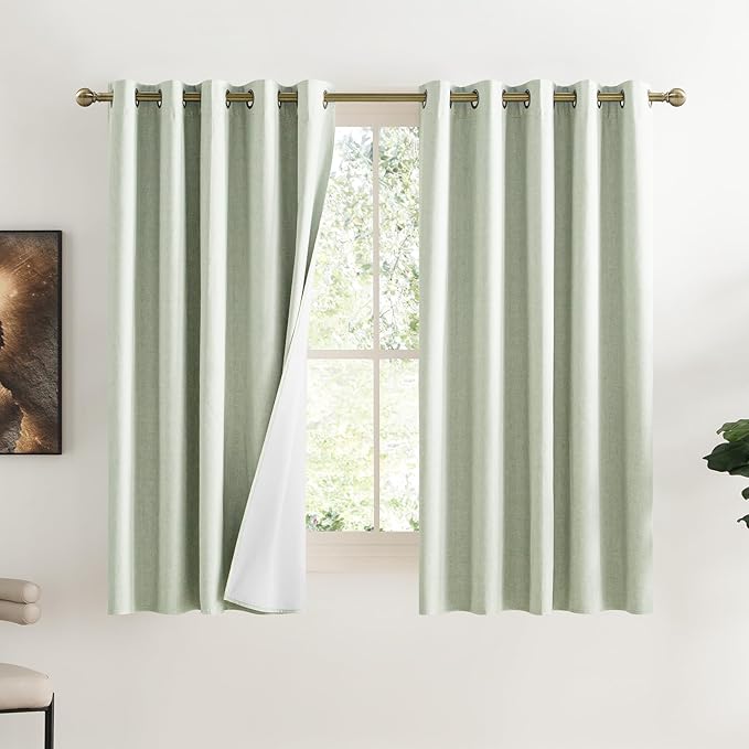 NICETOWN Sage Green Kitchen Linen Completely Shaded Draperies, 2 Pieces, W62 x L63, Privacy Protection & Noise Reducing Ring Top Drapes, White Lined Insulated Window Treatment Curtain Panels
