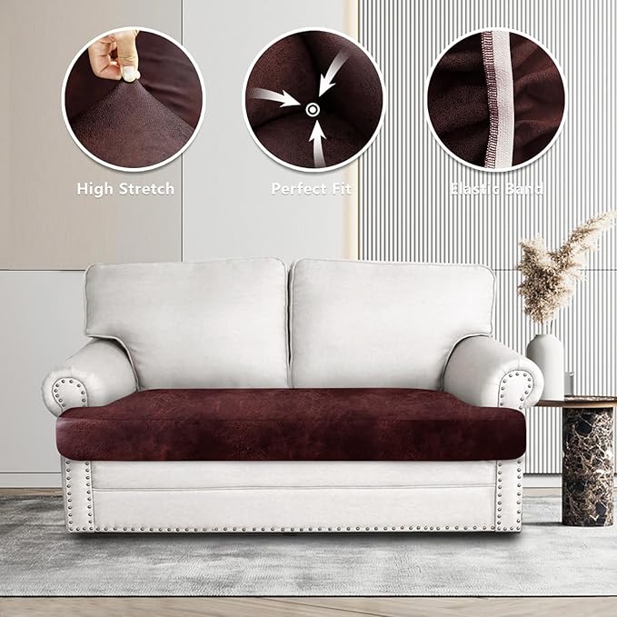 Leather Look Couch Cushion Covers Sofa Seat Slipcovers Sets Couches Furniture Protector for Sectional Armchair Loveseat Pets Kids Stretch Spandex Fabric (1 T-Cushion loveseat, Burgundy)