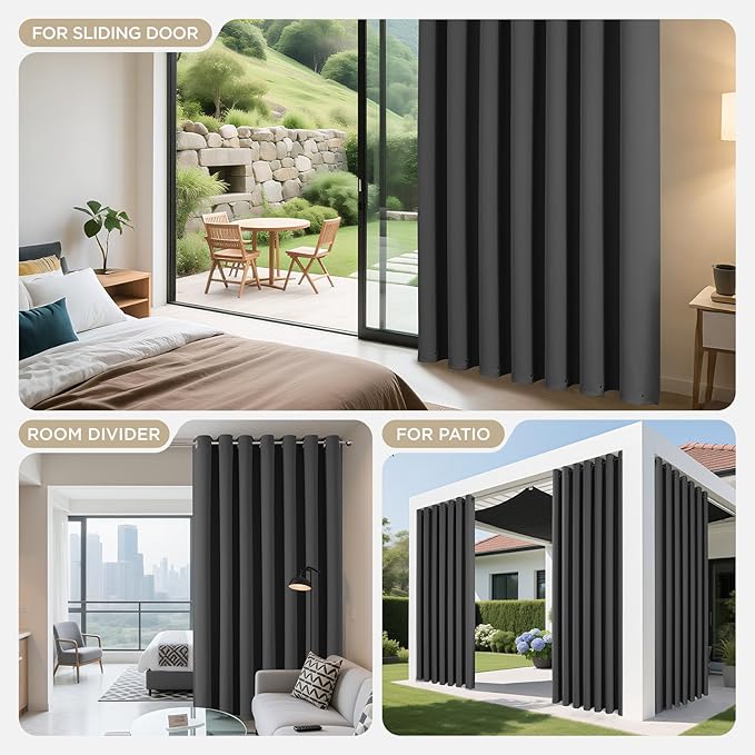 Joydeco Blackout Patio Sliding Door Curtains 108 Inches Long, Grommet Privacy Room Divider Curtains, Extra Wide Thermal Blackout Drapes for Bedroom Living Room (Grey, 70Wx108L, 1 Panel)
