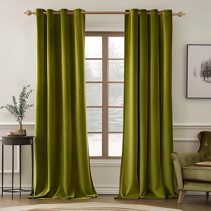 MIULEE Velvet Curtains Olive Elegant Grommet Thermal Insulated Soundproof Green Room Darkening Curtains/Drapes for Classical Living Room Bedroom Decor 52 x 84 Inch Set of 2