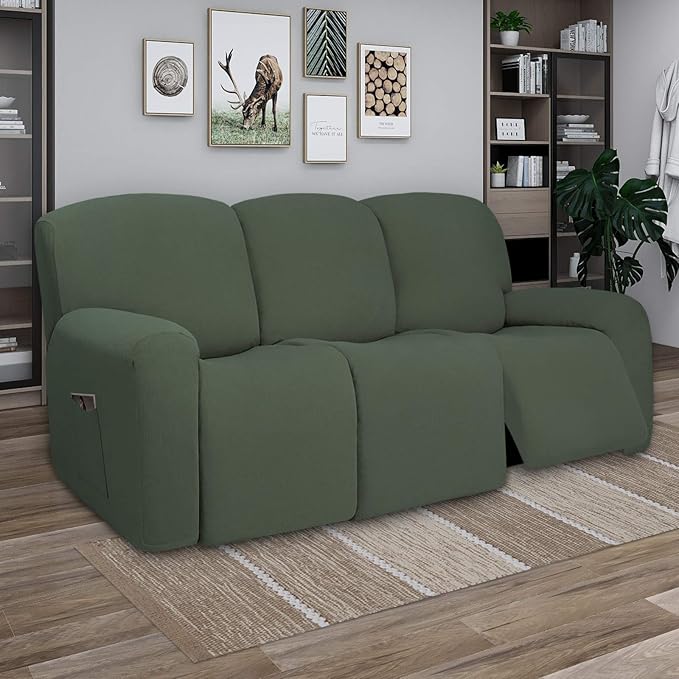 PureFit Super Stretch 3 Seats Recliner Chair Sofa Couch Cover with Pocket – Non Slip Soft Sofa Slipcover, Washable Spandex Reclining Furniture Protector for Kids, Pets (Recliner Sofa, Grayish Green)
