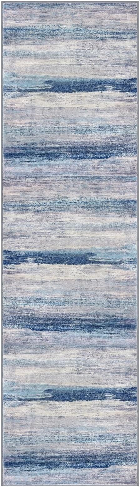 KOZYFLY Modern Abstract Washable Rug Runner 2x7 Hallway Runner Rug Non-Slip Soft Kitchen Runner Rugs, Print Blue/Grey/Beige Striped Carpet Runner for Entryway Bathroom Laundry Room Foyer