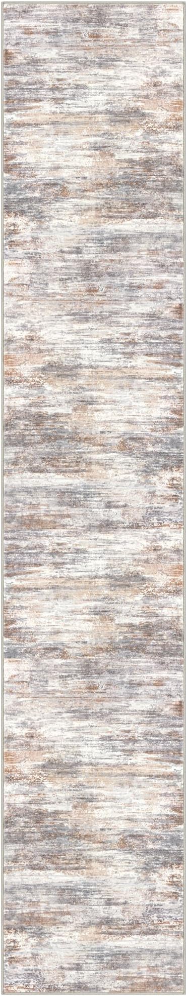 KOZYFLY Modern Abstract Washable Rug Runner 2.6x14 Hallway Rug Runner Non-Slip Soft Kitchen Runner Rugs, Multi Grey/Orange Striped Carpet for Entryway Bathroom