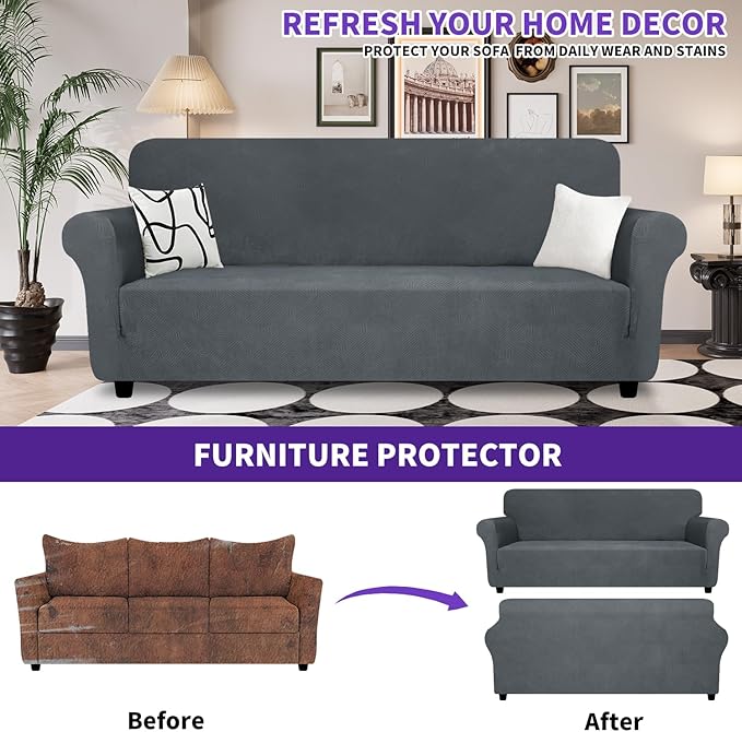 ZNSAYOTX Oversized Super Stretch Couch Cover (92"-115"), New Striped Sofa Covers Comfortable & Durable, Dog Cat Pets Friendly Extra Large Spandex Sofa Slipcovers (Dark Grey, XL Sofa)