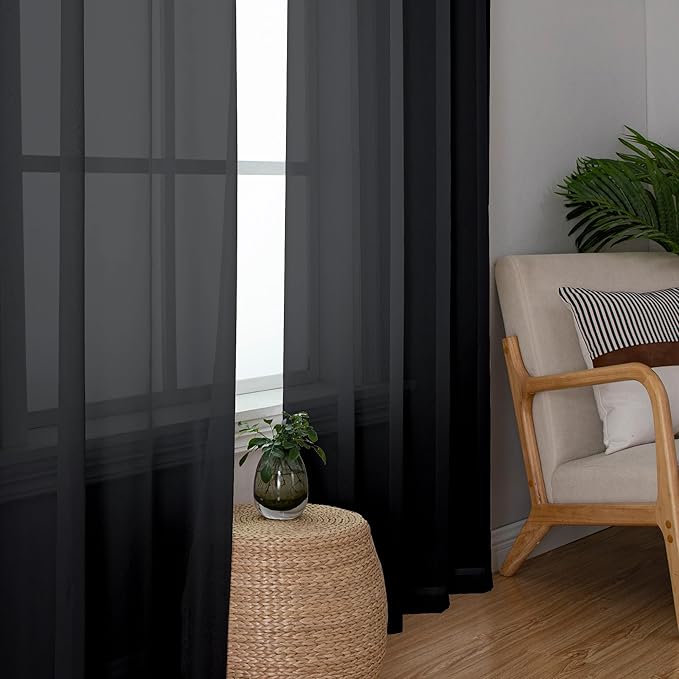 Chyhomenyc Sheer Black Curtains 90 inches Long 2 Panels, Light Filtering Soft Airy Solid Elegant Voile Window Treatment Drapes for Bedroom Living Room Wedding Party Decor, 42 Wx90 L Inches