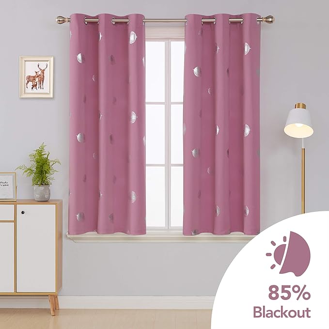 Deconovo Blackout Curtains Thermal Insulated Palm Fan Foil Print Grommet Room Darkening Curtain for Kids Bedroom 42 x 63 Inch Pink 2 Panels