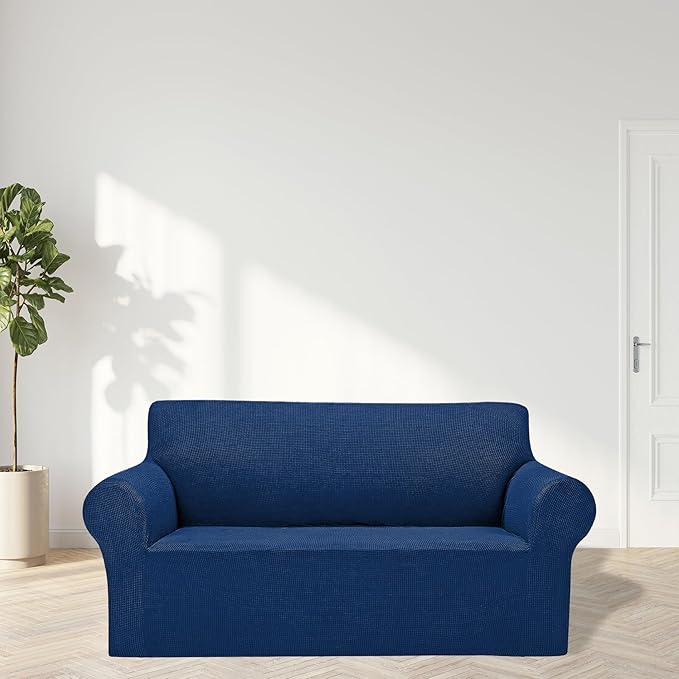 Cupuamon 2026 New Stretch Loveseat Sofa Slipcovers Couch Cover for 2 Cushion Furniture Protector Sofa Covers with Elastic Bottom Jacquard Fabric Small Checks for Pets, Kids - Classic Blue