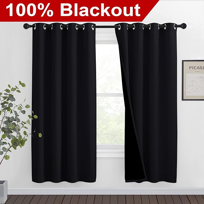 NICETOWN High-End Thermal Curtains, Full Blackout Curtains 72 Inches Long for Dining Room, Soundproof Window Treatment Drapes for Hall Room, Black, 46" Wide Per Panel, Set of 2 Panels