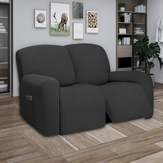 PureFit Super Stretch Loveseat Recliner Sofa Couch Cover with Pocket – 2 Seats Non Slip Soft Sofa Slipcover, Washable Reclining Furniture Protector for Kid,Pets (Recliner Loveseat, Dark Gray)