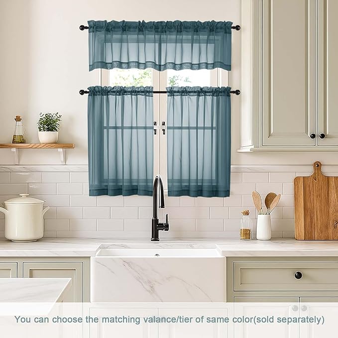 Small Sheer Curtains 2 Panels Set, Kitchen Curtains 36 Inch Length, Elegant Light Filtering Short Window Drapes for Living Room Bedroom, Dual Rod Pocket Design, Dusty Blue, 2x42Wx36L Inches