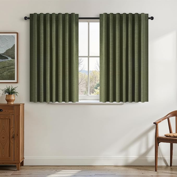 45 Inch Curtain Tier Kitchen Curtains Sets 2 Panels Olive Green Linen Blackout Pleated Aesthetic Basement Window Curtain Back Tab Insulated Drapes Dark Green (52" W x 45" L Hooks&Rings Included)