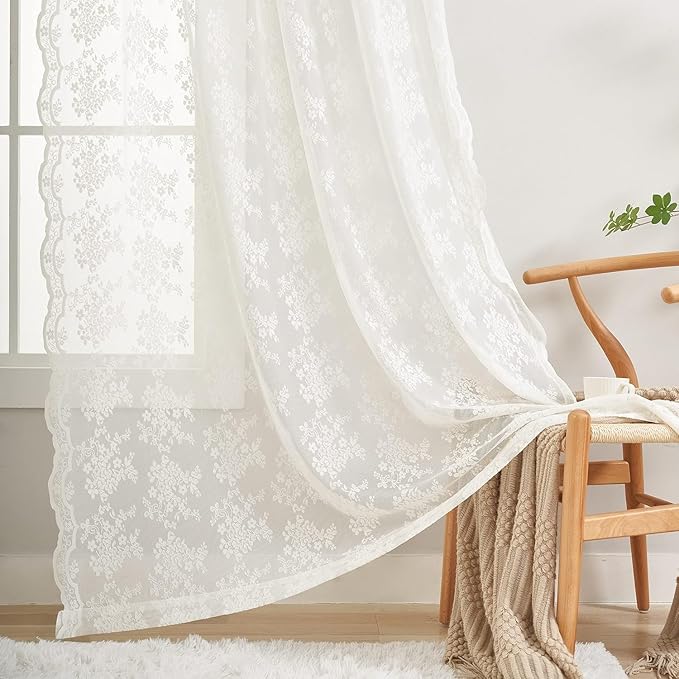 YJ YANJUN Vintage Lace Curtains Cottage Floral Cream Sheer 94 inch Curtains 2 Panels Set for Living Room Bedroom Light Filtering Floor to Ceiling Drapes Country Farmhouse Decor 52" W x 94" Ivory