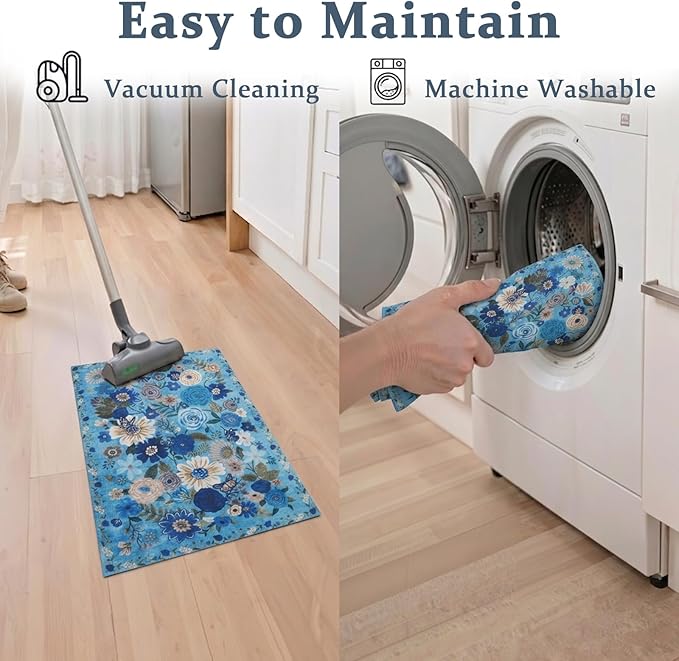 Area Rugs 24x17 Inch Home Decor Entry Rug, Small Door Mat Bath Mats for Bathroom, Ultra-Thin Non Slip Floral Low Pile Tub Mat for Sink Shower Doorway Tub Kitchen Sink(2 x 1.4 ft, Blue Garden)