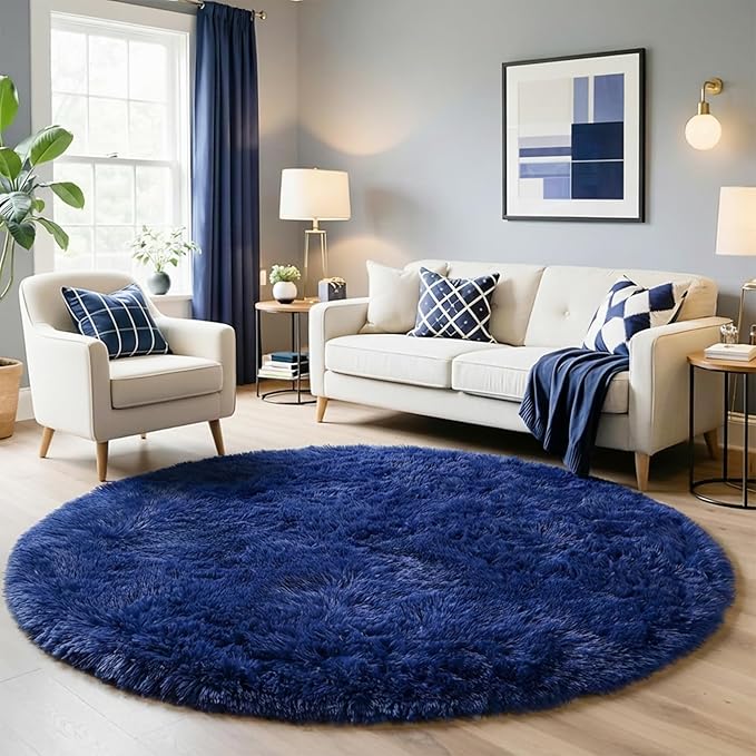 Amdrebio Navy Blue Round Rug 4Ft for Boys Room Bedroom, Circle Area Rugs for Kids Room, Living Room Decor Aesthetic, Fluffy Shag Fur Throw Royal Dark Blue Carpet for Preppy Dorm Playroom Baby Nursery