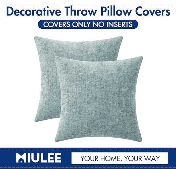 MIULEE Pack of 2 Light Blue Throw Pillow Covers 24x24 Inch Soft Chenille Pillow Covers for Sofa Living Room Spring Home Decor Couch Solid Dyed Cases