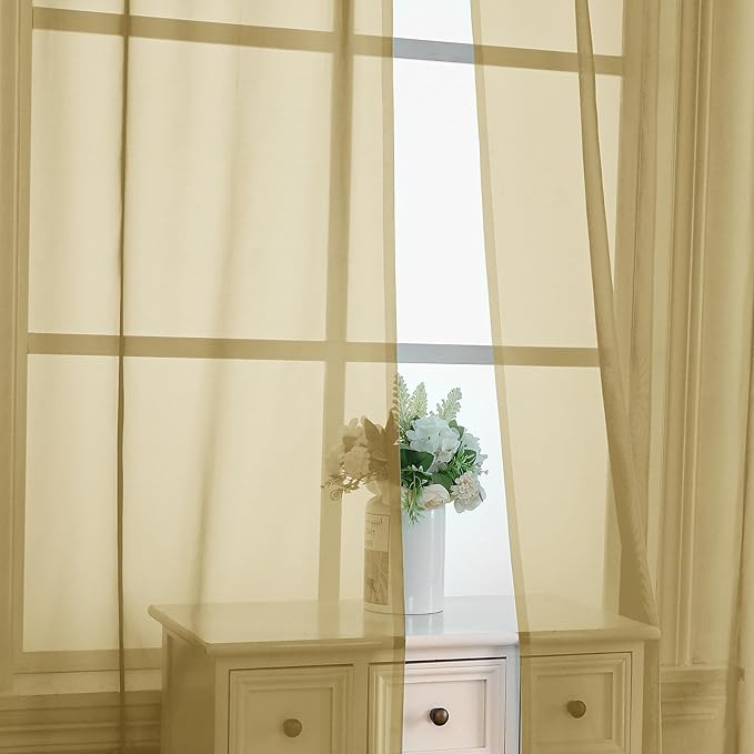 OVZME Gold Sheer Curtains 63 Inches Long 2 Panels - Soft Light Filtering Window Sheer Panels for Living Room/Bedroom, Top Dual Rod Pocket, 1 Pair, Each 42Wx63L Inches