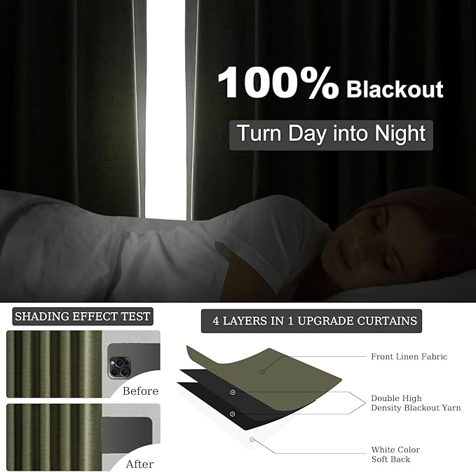 45 Inch Curtain Tier Kitchen Curtains Sets 2 Panels Olive Green Linen Blackout Pleated Aesthetic Basement Window Curtain Back Tab Insulated Drapes Dark Green (52" W x 45" L Hooks&Rings Included)