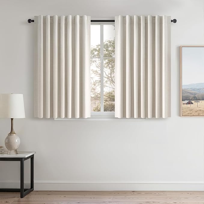 Short Linen Blackout Curtain Tiers 48 Inches Long 2 Panels Set Ivory Birch Thick Linen Texture Curtain Drapes for Small Window Heat Blocking Thermal Insulated Kitchen Bathroom Basement loft(52"Wx48"L)
