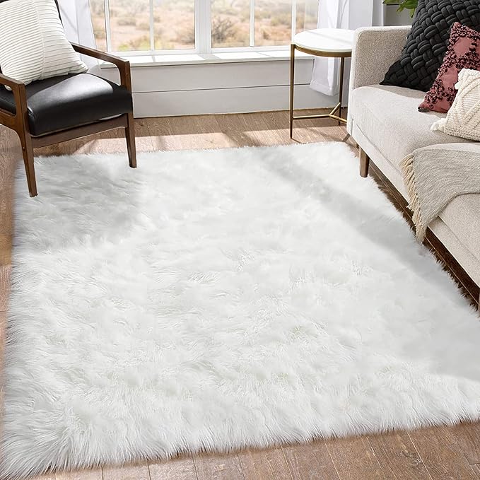 Goolela White Area Rug 6x9 Fluffy Fuzzy Furry Sheepskin Rug for Living Room Bedroom White Faux Fur Shag Carpet Rectangle