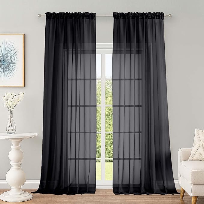 OWENIE Black Sheer Curtains, Sheer Curtains 96 inches Long 2 Panels Set, Rod Pocket Voile Fimly Sheer Drapes for Living Room/Bedroom, 2pcs, Each 59" W x 96" L