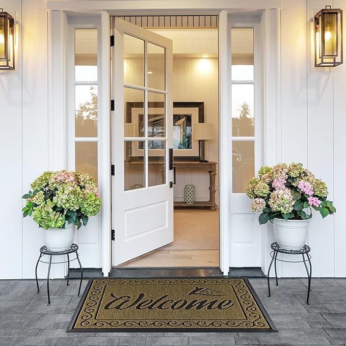 Yimobra Welcome Front Door Mat, Heavy Duty Easy Clean Doormat Indoor Outdoor, Waterproof Quick Dry Floor Mat for Home, Garage, Hign Traffic Areas, Non Slip, Low Profile, 29.5X17 Inches, Beige Brown