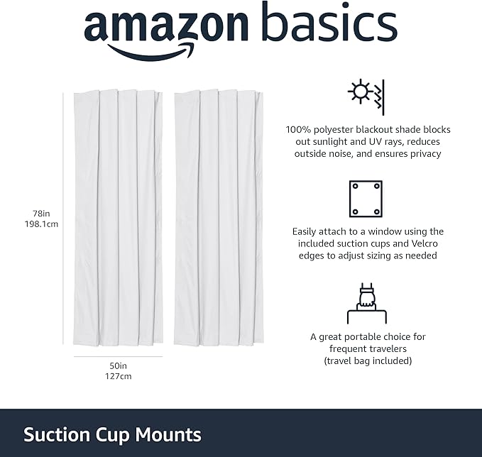 Amazon Basics Portable Blackout Curtain Shade with Suction Cups, Noise Reducing, Energy Saving, 50"W x 78"L, White, 2-Pack