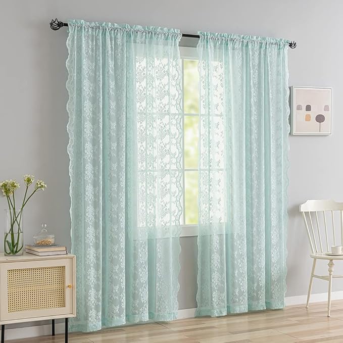 YJ YANJUN Vintage Lace Curtains 84 Inches Long-Victorian Floral Pattern Aqua Sheer Curtain Panels for Living Room Bedroom,Light Filtering, Memaid Beachy Drapes 2 Panels 52W x 84L Mint Green