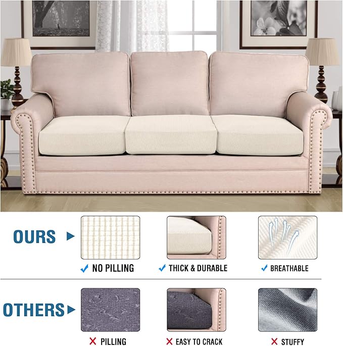 H.VERSAILTEX High Stretch Individual Seat Cushion Covers Sofa Slipcovers Couch Cushion Covers Sofa Covers Featuring Jacquard Textured Twill Fabric (3 Pack for 3 Cushion Sofa, Natural, Large)