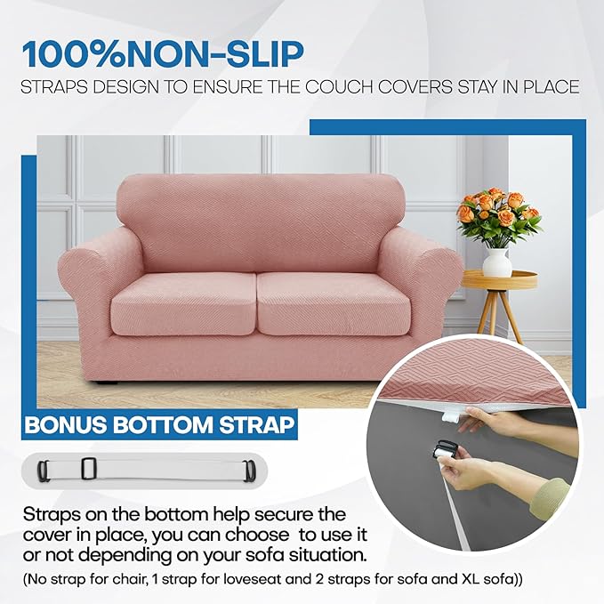 XINEAGE New 3 Pieces Couch Covers for 2 Cushion Sofa Super Stretch Loveseat Slipcover Pet Dog Universal Slip Cover Anti Slip Love Seat Furniture Protector (Dusty Pink, 55"-69")