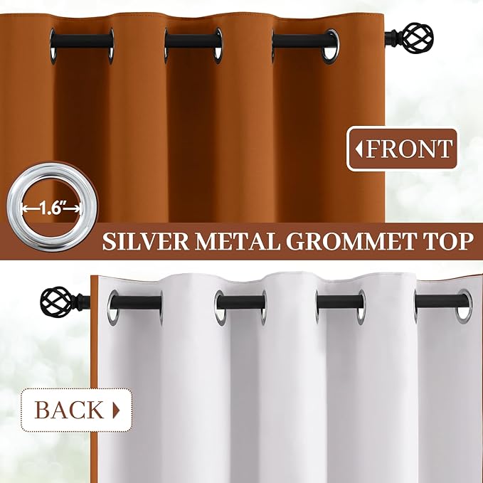 Yakamok Room Darkening 100% Blackout Curtains Grommet Window Treatments with 2 Thick Layers-Burnt Orange Thermal Insulated Drapes Set of 2 Panels for Bedroom Living Room 52 Inches by 63 Inches Length