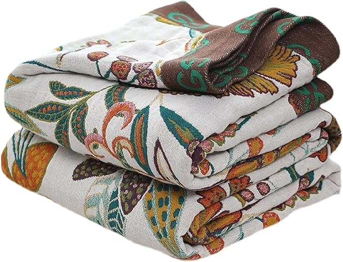 MSGKV Spring Throw Blanket for Couch, 100% Cotton Muslin Breathable Woven Bed Throws 60''x80'' Boho Vintage Quilt for All Seasons Lightweight Farmhouse Blankets Home Decoration