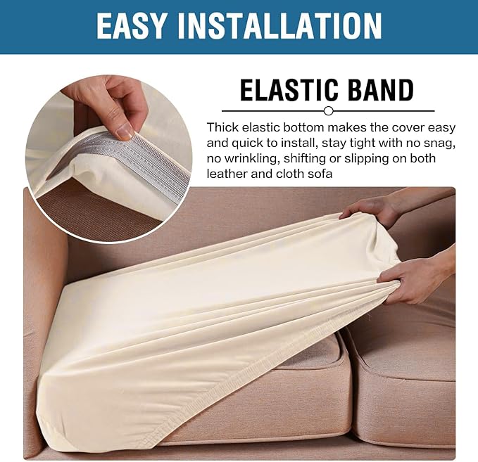 H.VERSAILTEX Velvet Stretch Couch Cushion Cover Plush Cushion Slipcover for Chair Loveseat Sofa Cushion Furniture Protector Seat Cushion Sofa Cover (3 Piece XL Sofa Cushion Covers, Cream)